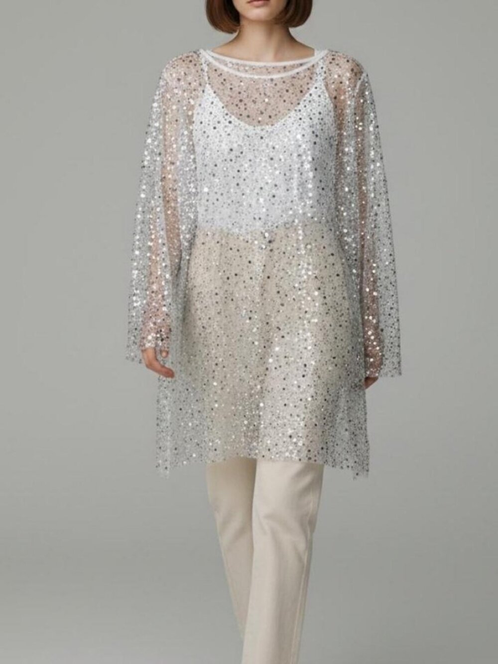 Silver White Sheer Sequin Tunic Top — Long Sleeve